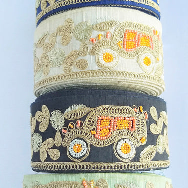 Beige / Sage Green / Black/ Blue Silk Trim With Intricate Gold Embroidered Flowers and Car with Orange And White Beads, Approx. 64mm wide